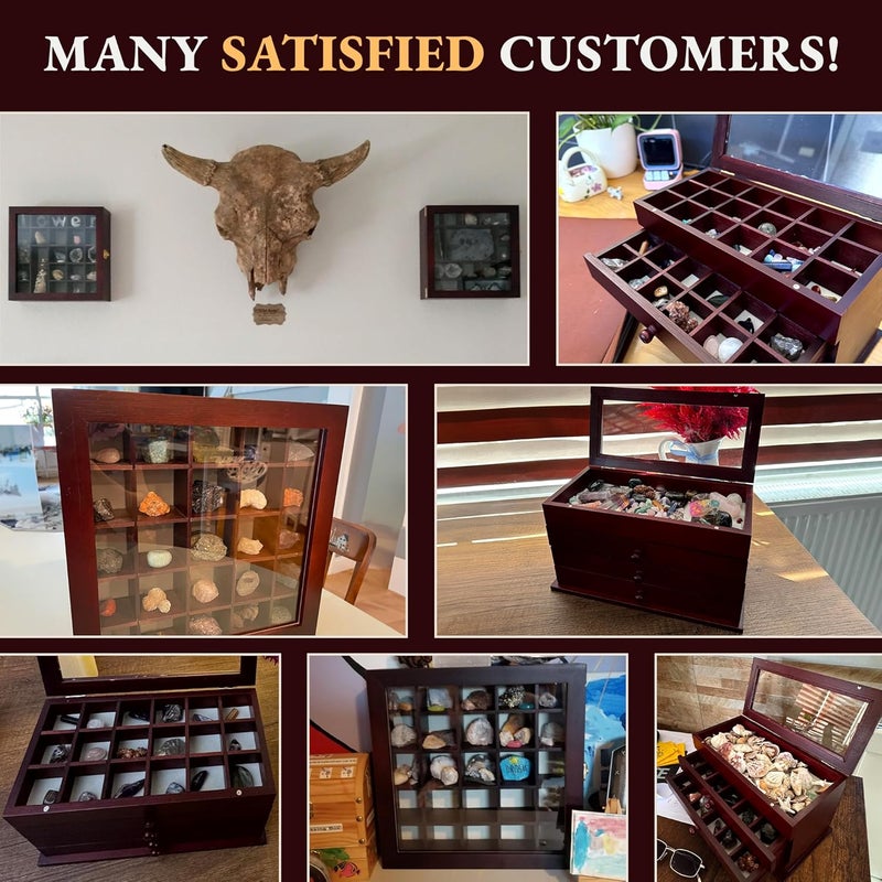 SmartyRocks Adjustable Rock Display Case - Rock Collection Box - Crystal Storage Organizer - Mineral Display - Dark-Finish Shadow Box with Shelves - Gemstone Storage (Standard with Drawers) - Image 4